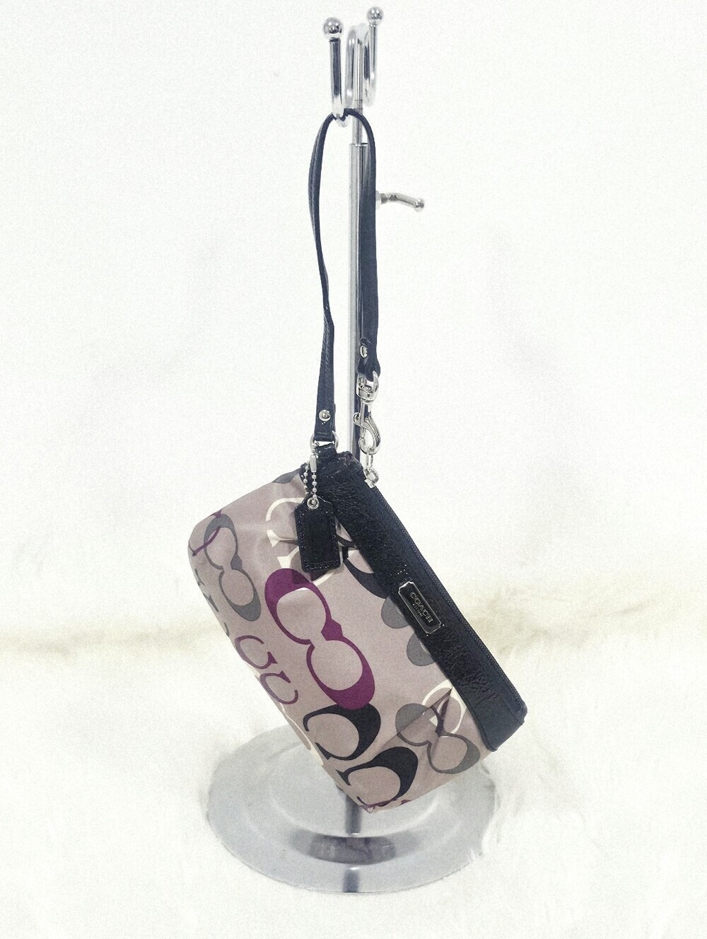 Coach Signature C Wristlet Black Purple Sateen Zip Pouch Detachable Strap